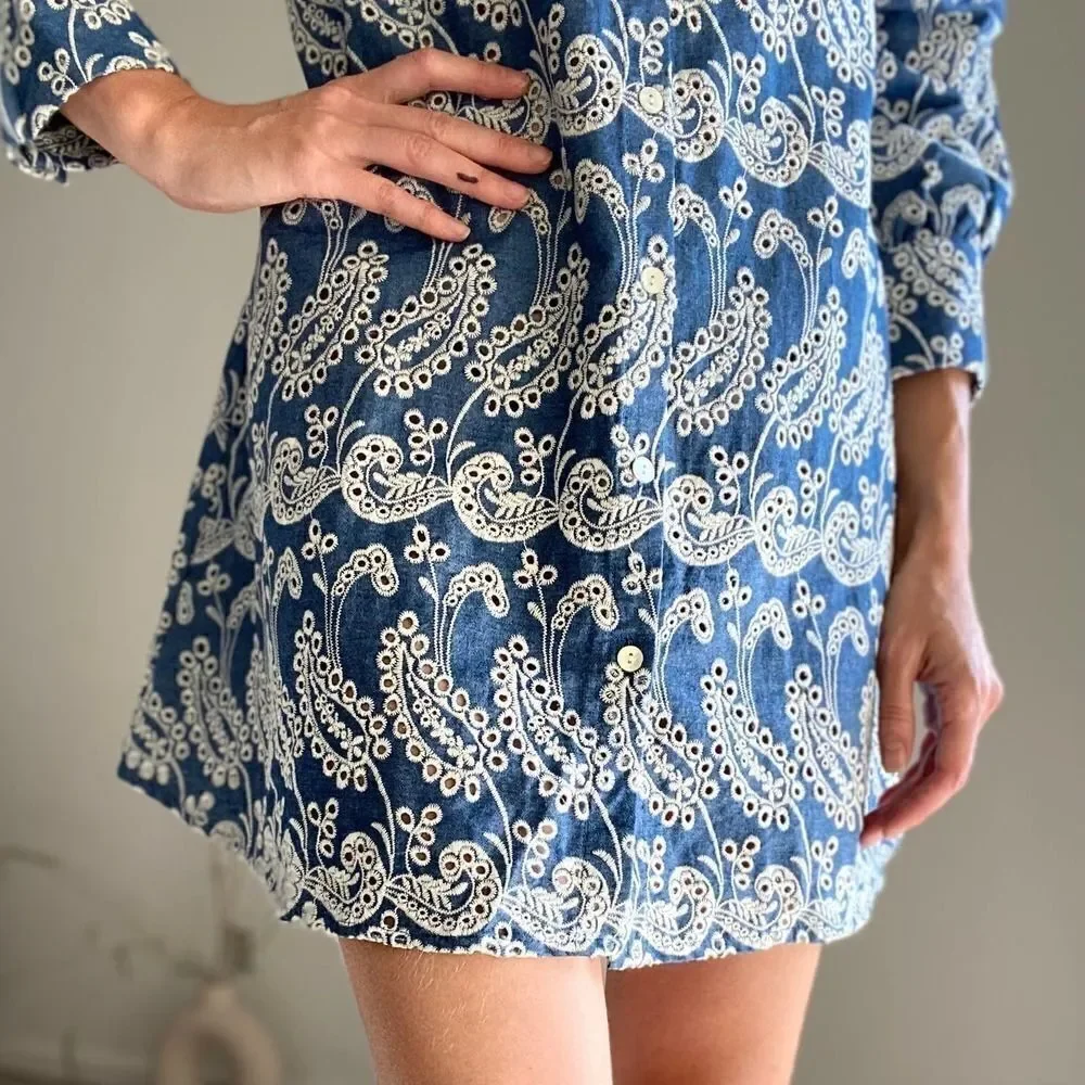 Zara Openwork Embroidery Dress Blue Cotton - Picture 4 of 6